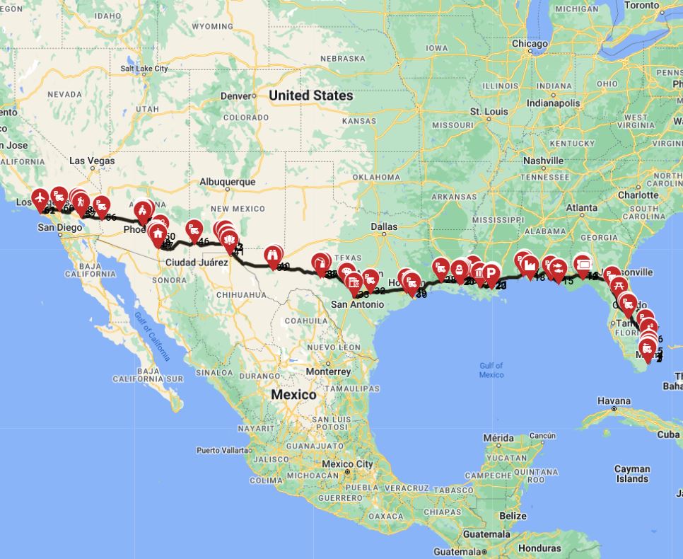 Miami to Los Angeles driving  a Motorhome - full trip route plan